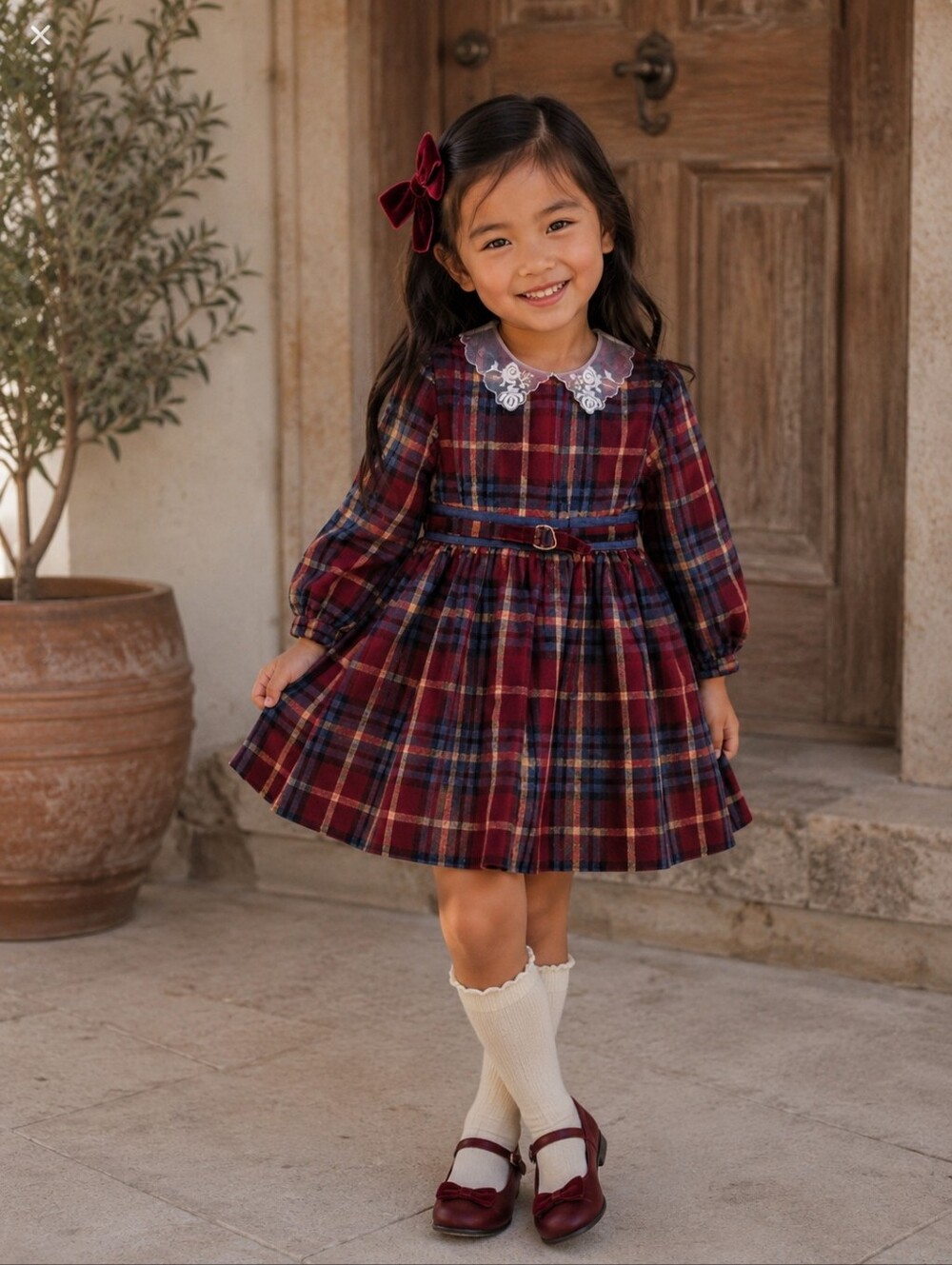 Vintage Green Sea Plaid Peter Pan Lace Collar Dress Girls 6 Holiday Prairie